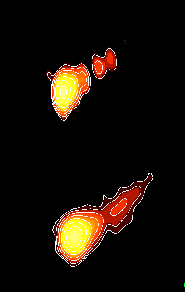 The radio galaxy 0309+411 (at a redshift of 0.14) reveals a jet 
with several plasma components. These components separate from the 
centre of the radi o galaxy with apparent superluminal motion of 2.4 
times the speed of light.  The figure shows two observations of this 
source obtained with interferometric techniques at a time interval of 
4.5 years.